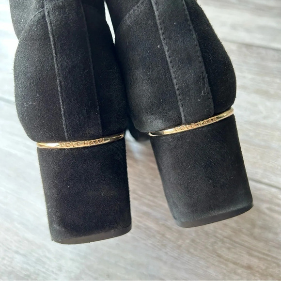 Cole Haan Laree Stretch Black Suede Sock Booties  with Gold Bar - Picture 6 of 16